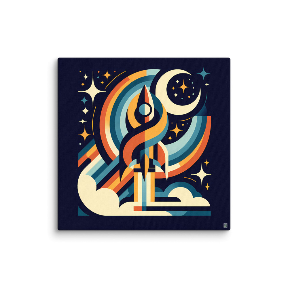 Retro Rocket Launch with Rainbow Trails — Canvas Print