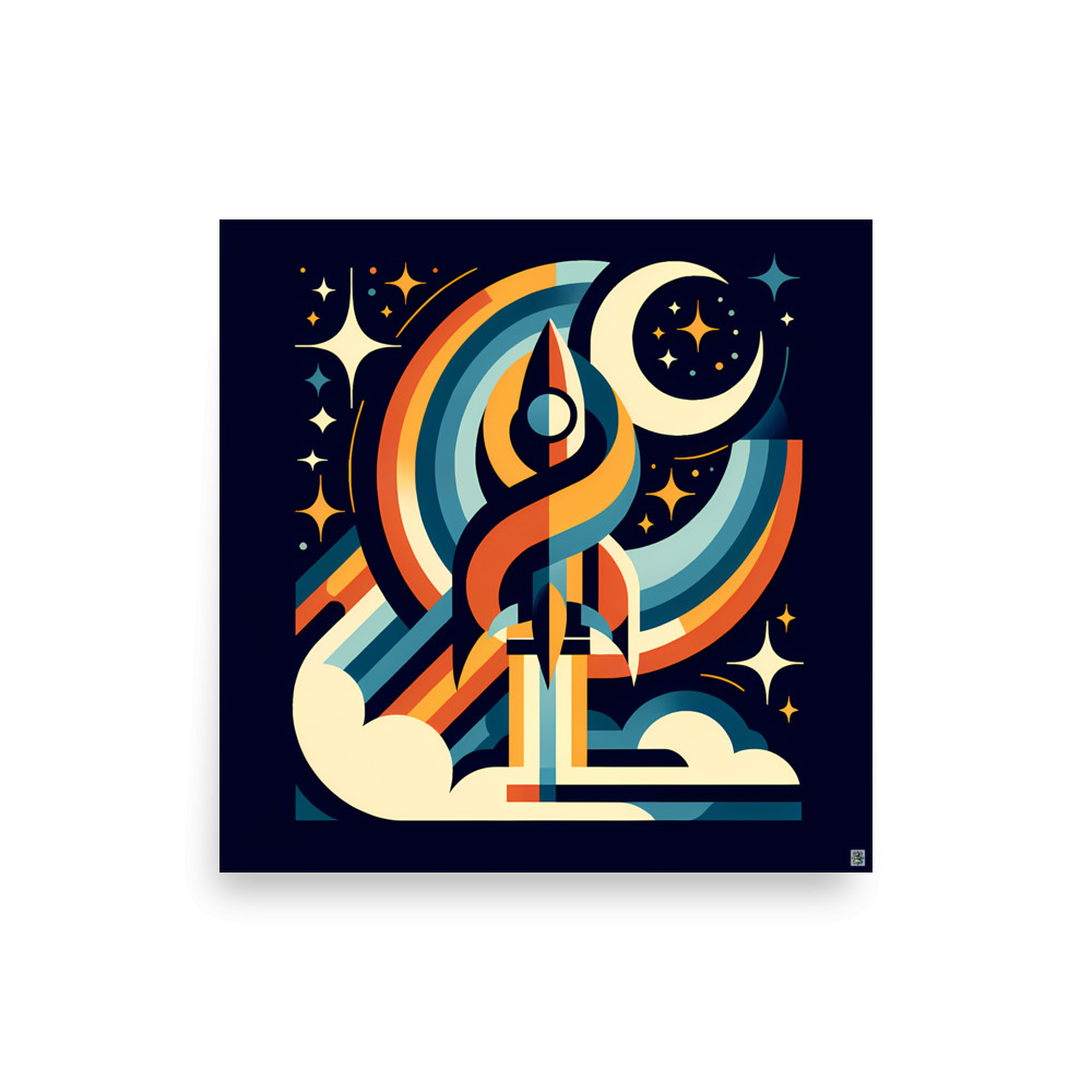 Retro Rocket Launch with Rainbow Trails — Art Print