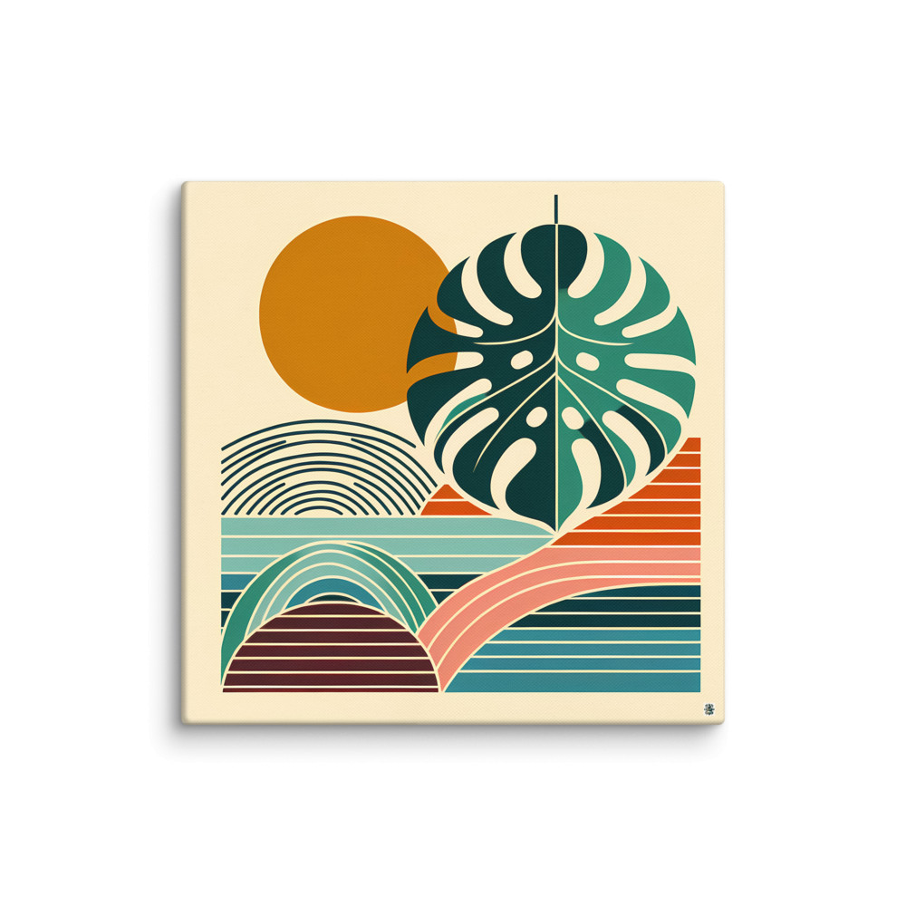 Abstract Monstera Leaf with Sun and Geometric Waves — Canvas Print