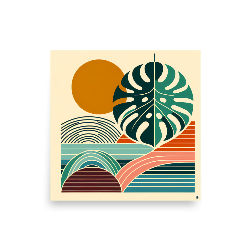 Abstract Monstera Leaf with Sun and Geometric Waves — Art Print