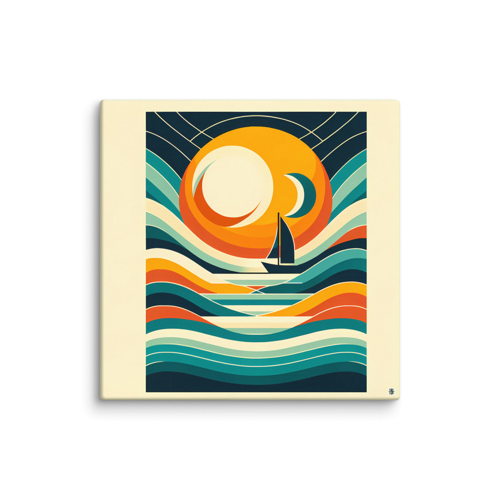 Geometric Sailboat Sunset with Layered Waves — Canvas Print