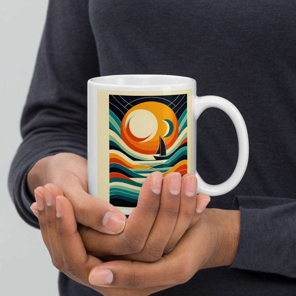 Geometric Sailboat Sunset with Layered Waves
