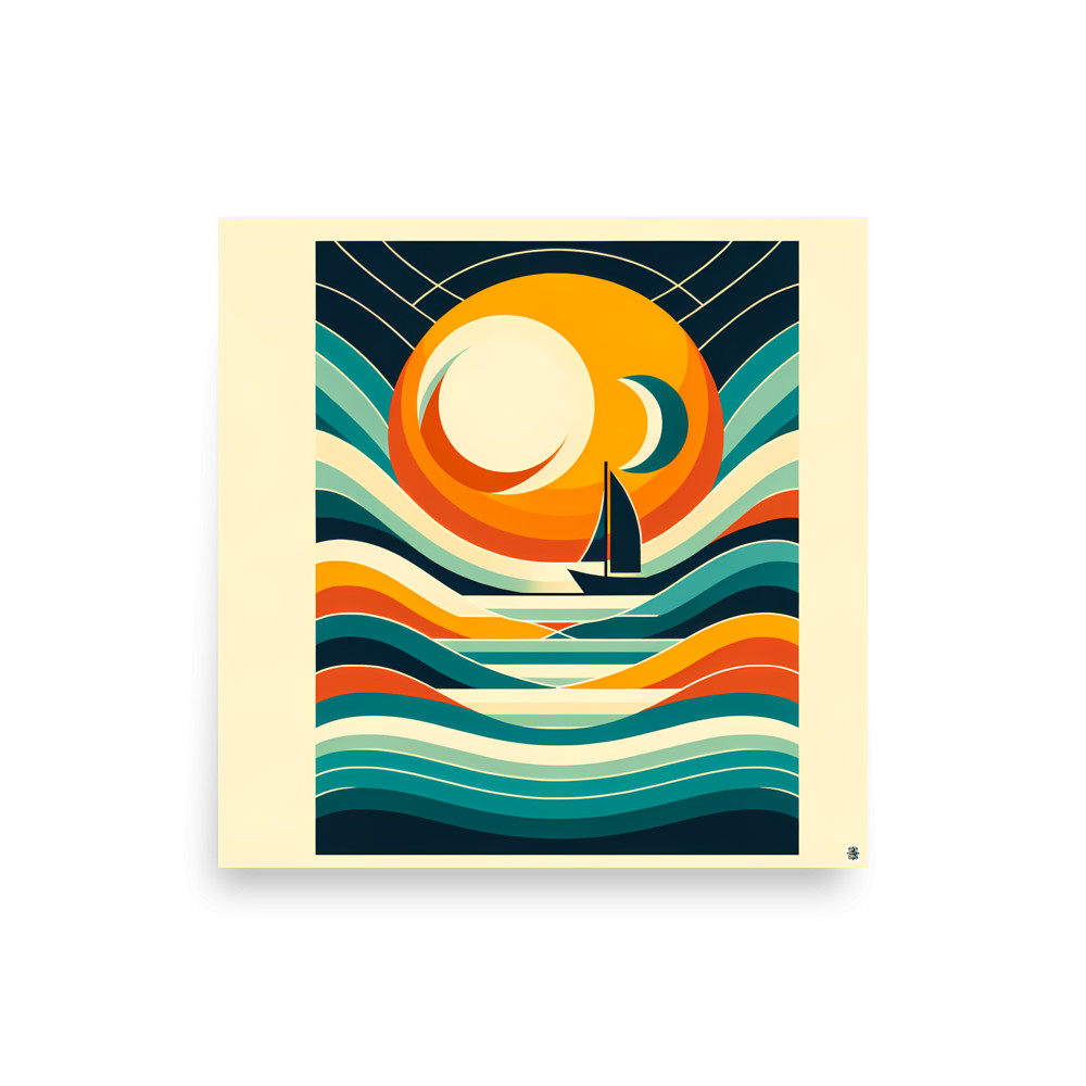 Geometric Sailboat Sunset with Layered Waves — Art Print