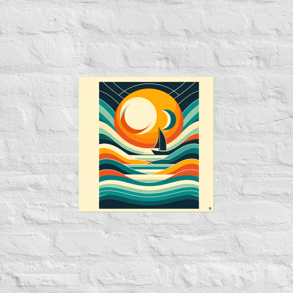 Geometric Sailboat Sunset with Layered Waves