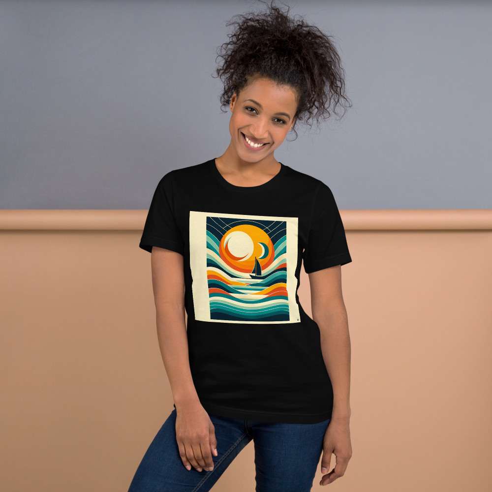 Geometric Sailboat Sunset with Layered Waves