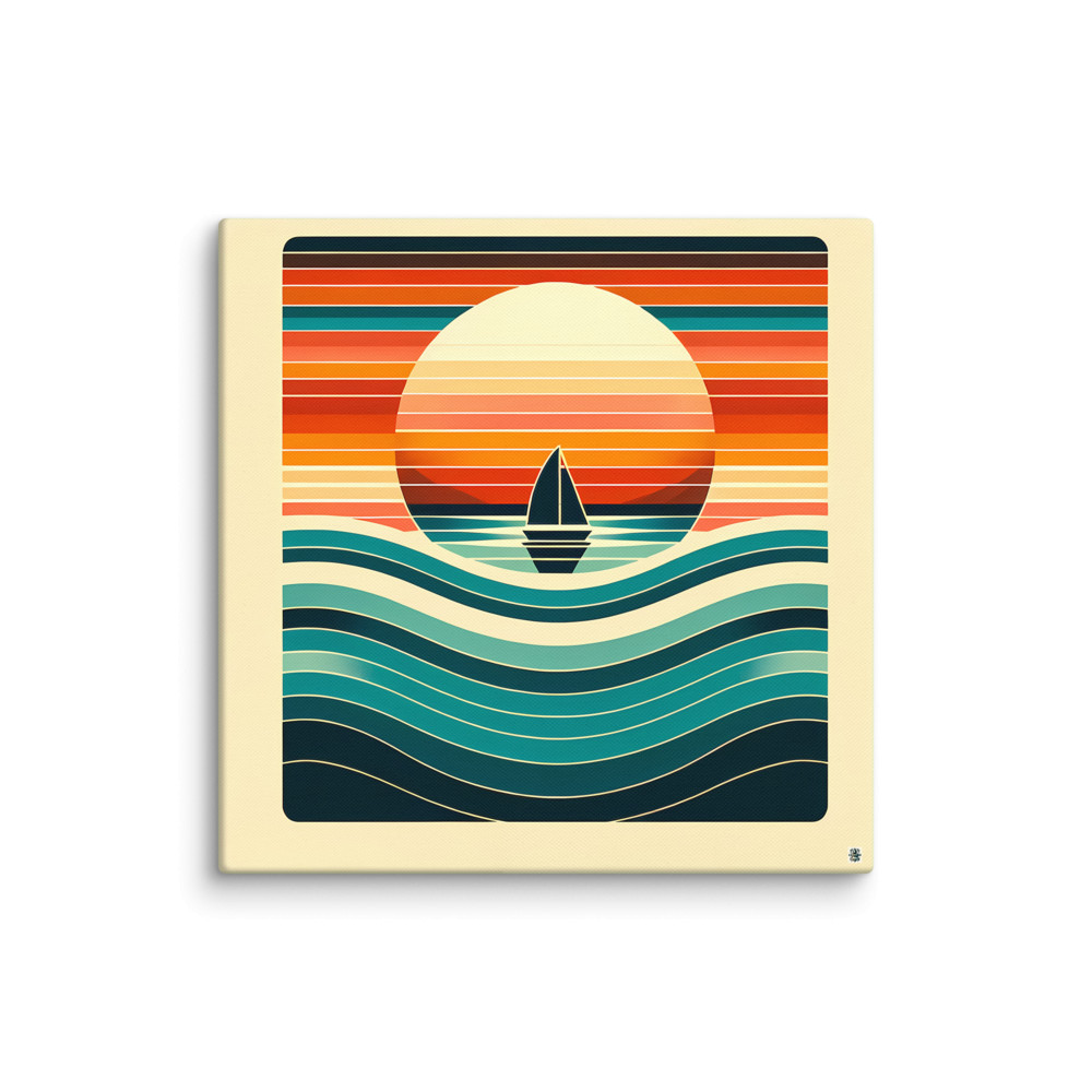 Retro Sailboat Sunset with Striped Waves — Canvas Print