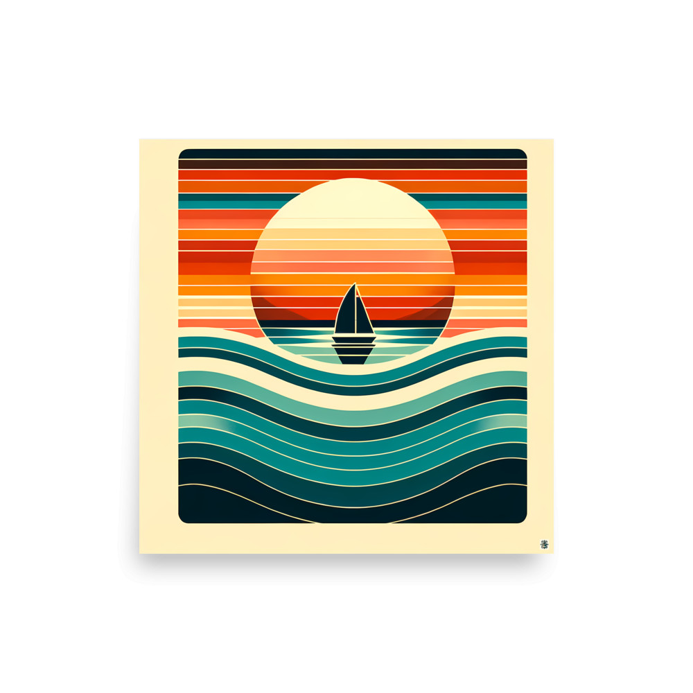 Retro Sailboat Sunset with Striped Waves — Art Print