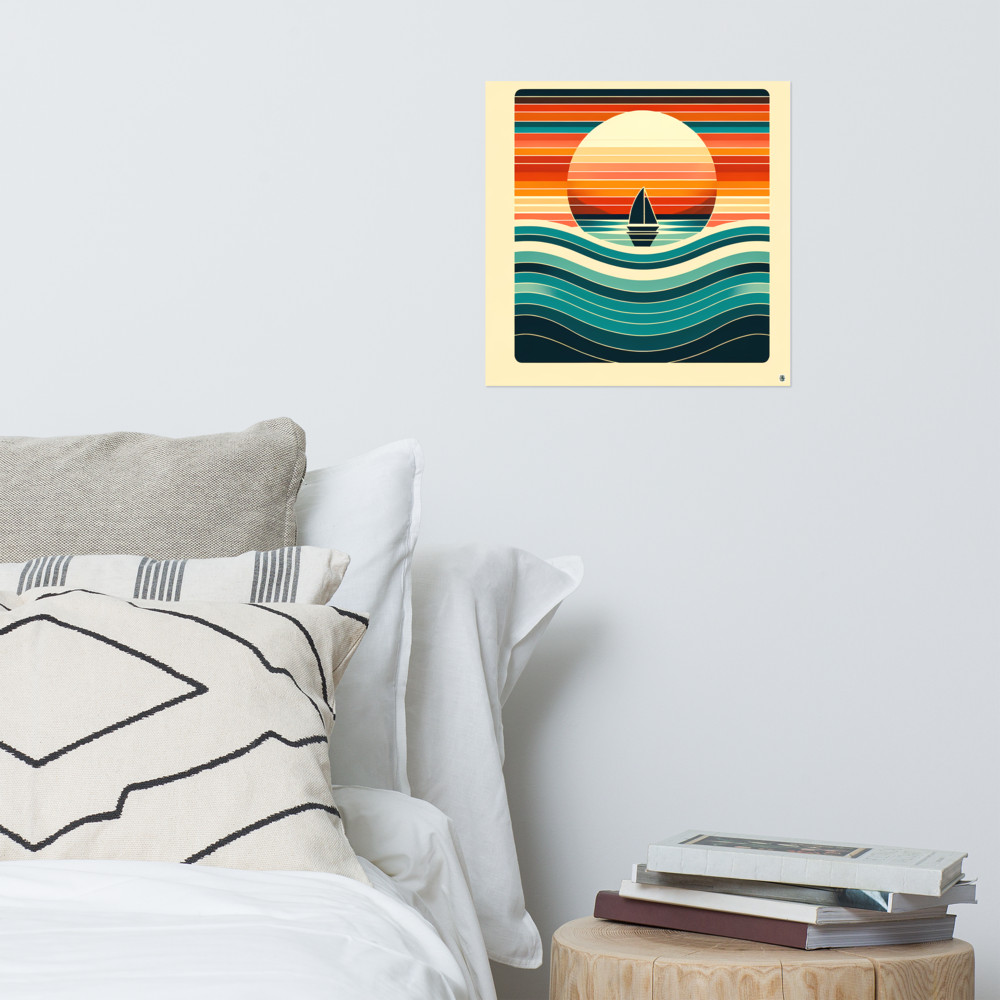 Retro Sailboat Sunset with Striped Waves