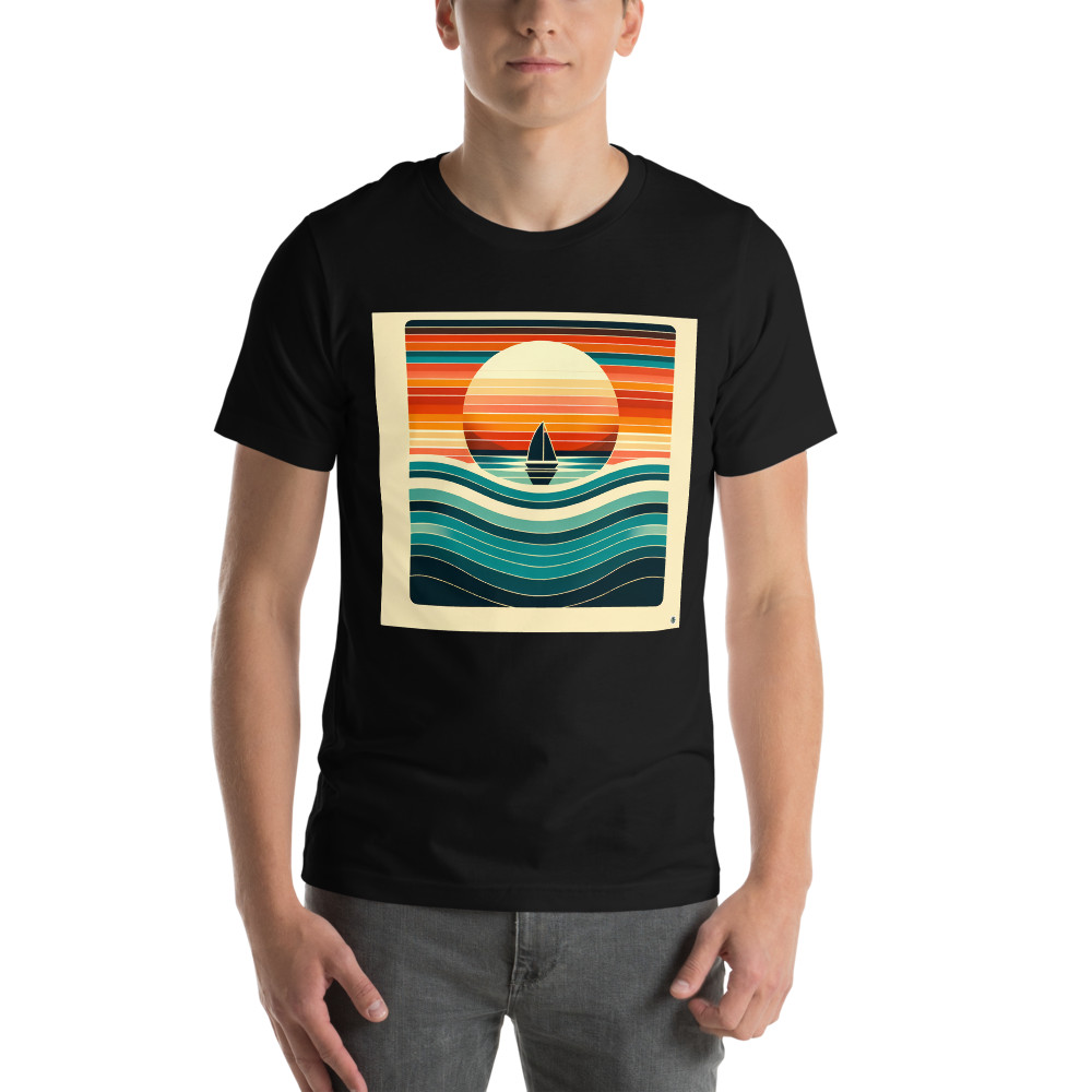 Retro Sailboat Sunset with Striped Waves