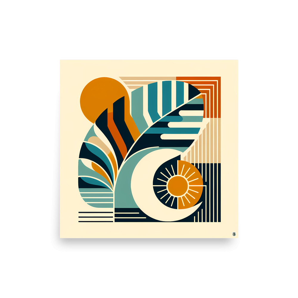 Abstract Monstera Leaf with Sun and Moon Shapes — Art Print
