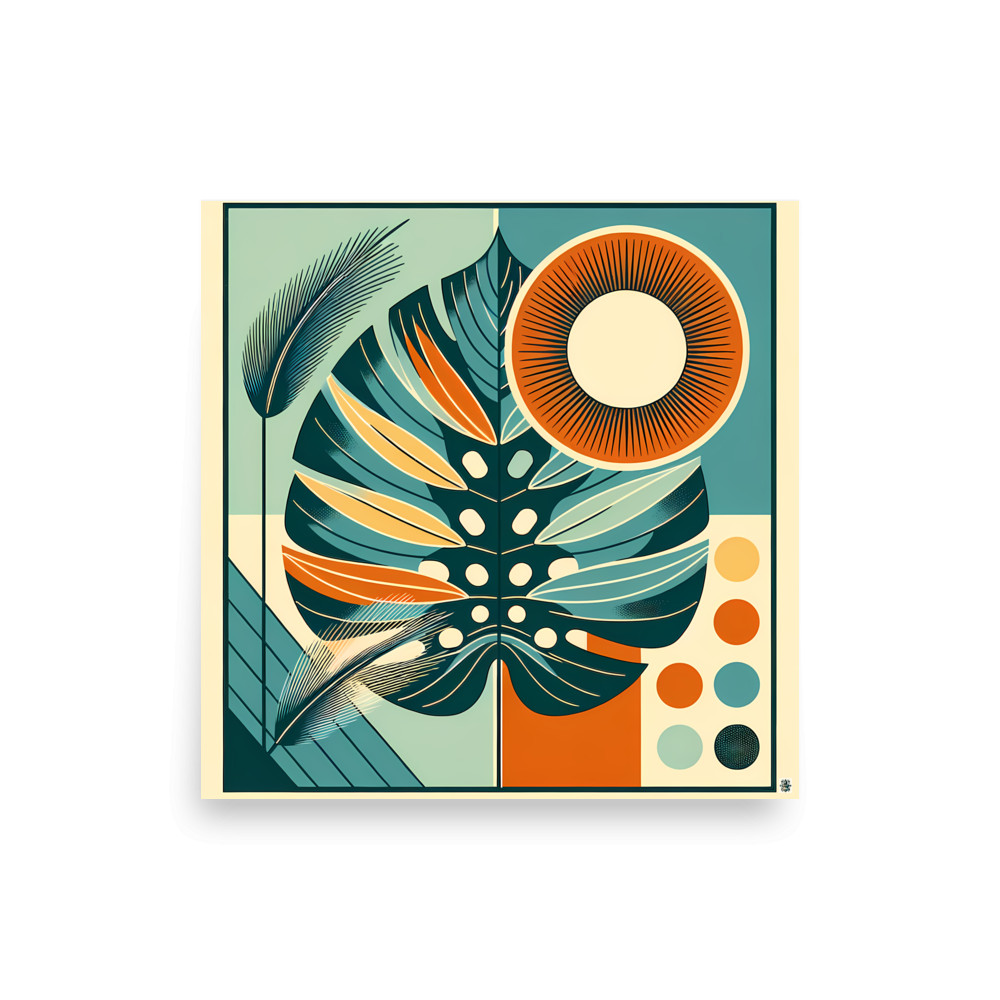Geometric Monstera Leaf with Sun Circle — Art Print
