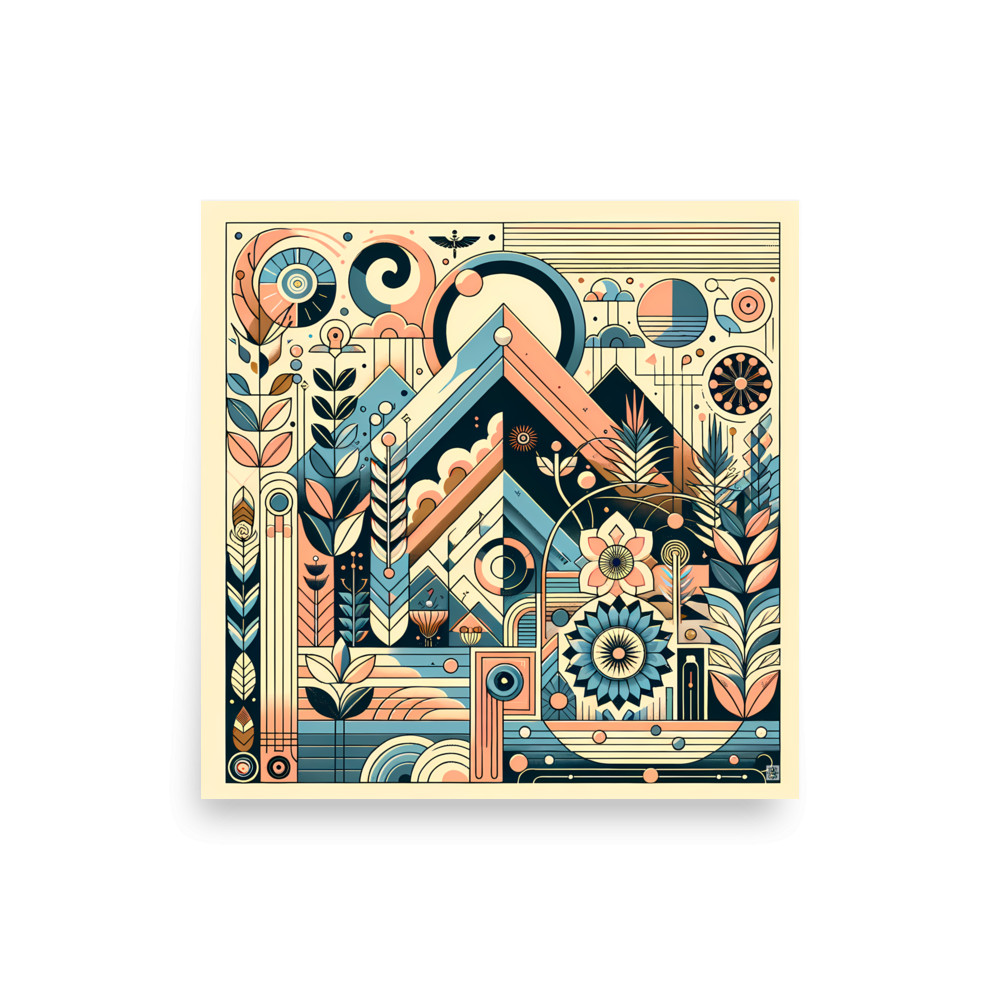 Retro Geometric Mountain Landscape in Teal and Peach — Art Print