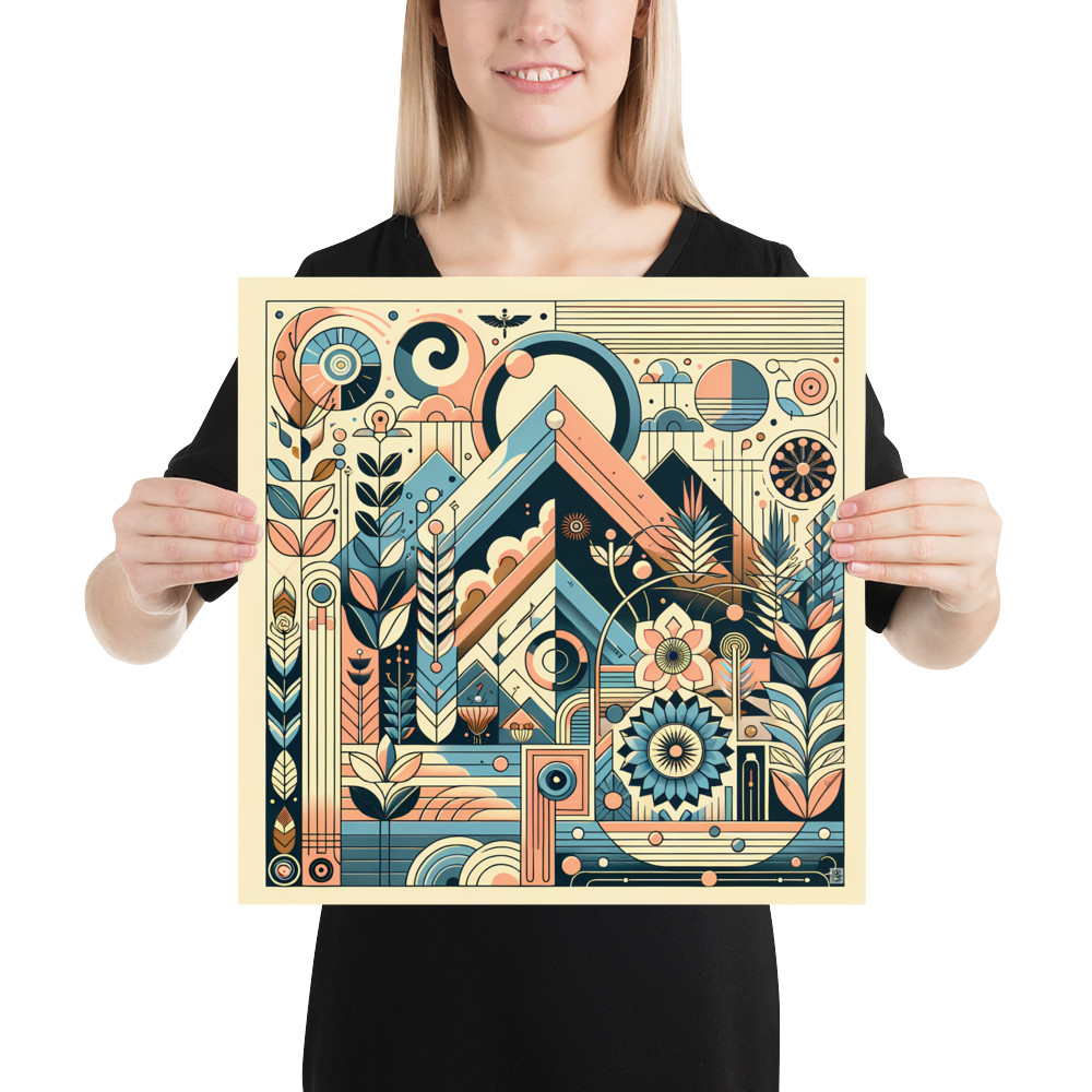 Retro Geometric Mountain Landscape in Teal and Peach