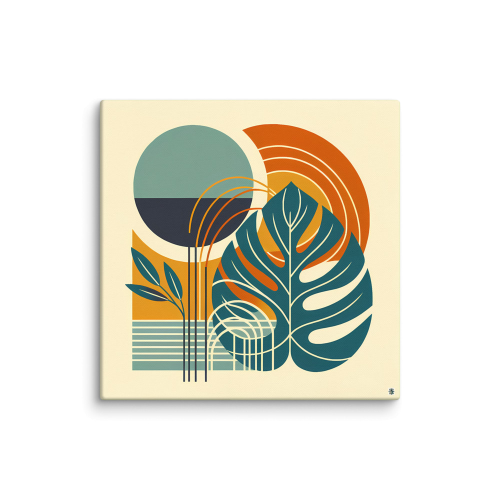 Abstract Monstera Leaves with Geometric Sun Shapes — Canvas Print