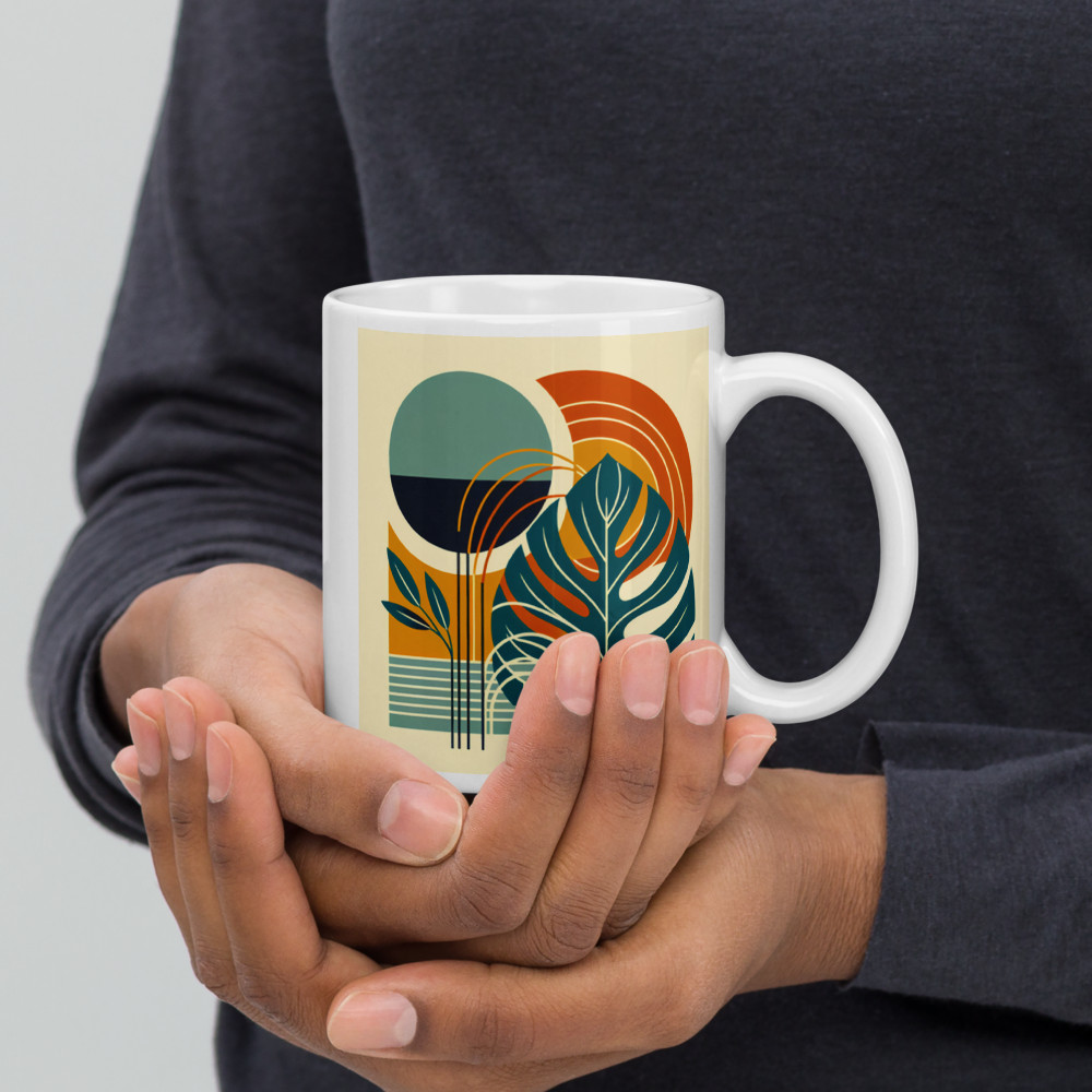 Abstract Monstera Leaves with Geometric Sun Shapes — Mug