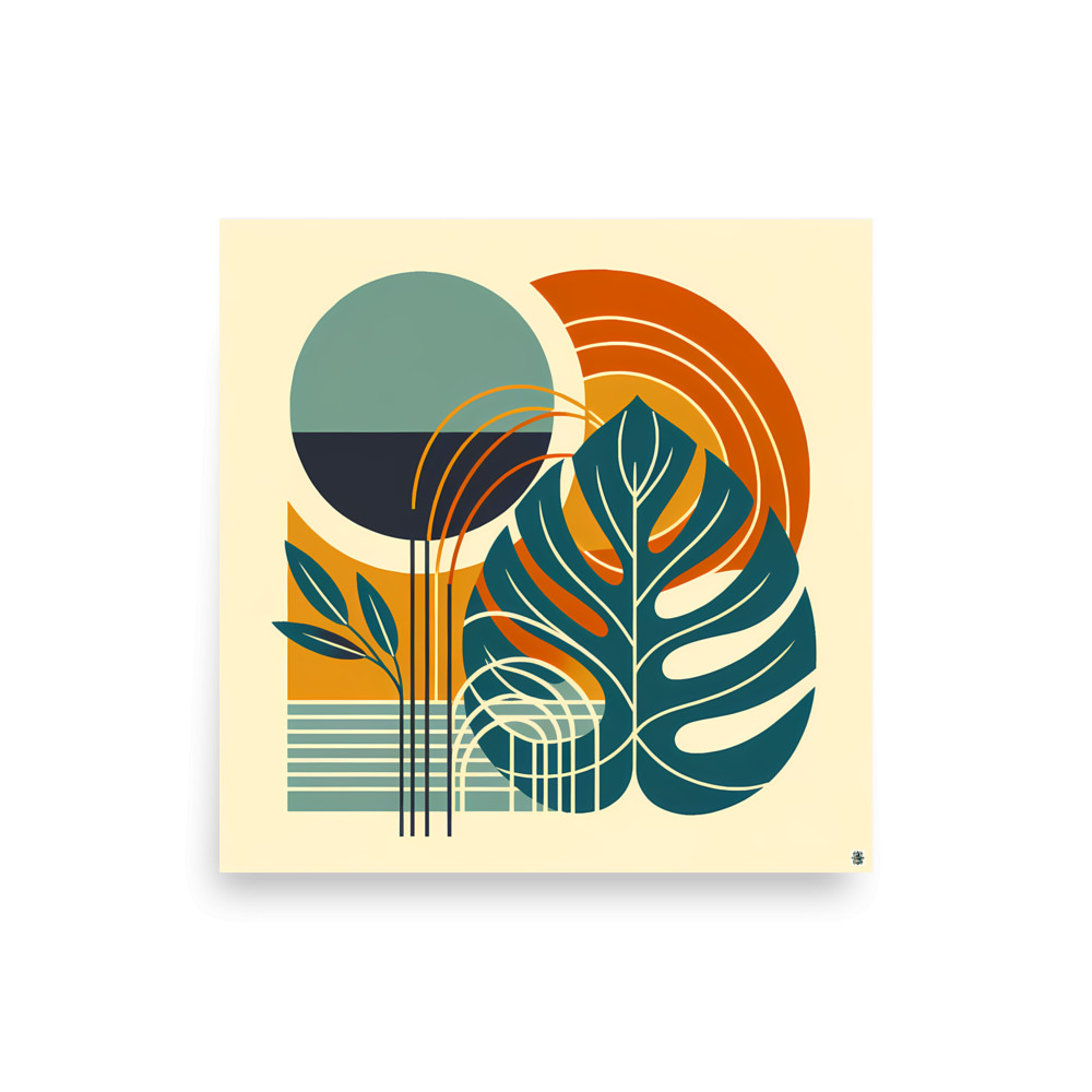 Abstract Monstera Leaves with Geometric Sun Shapes — Art Print