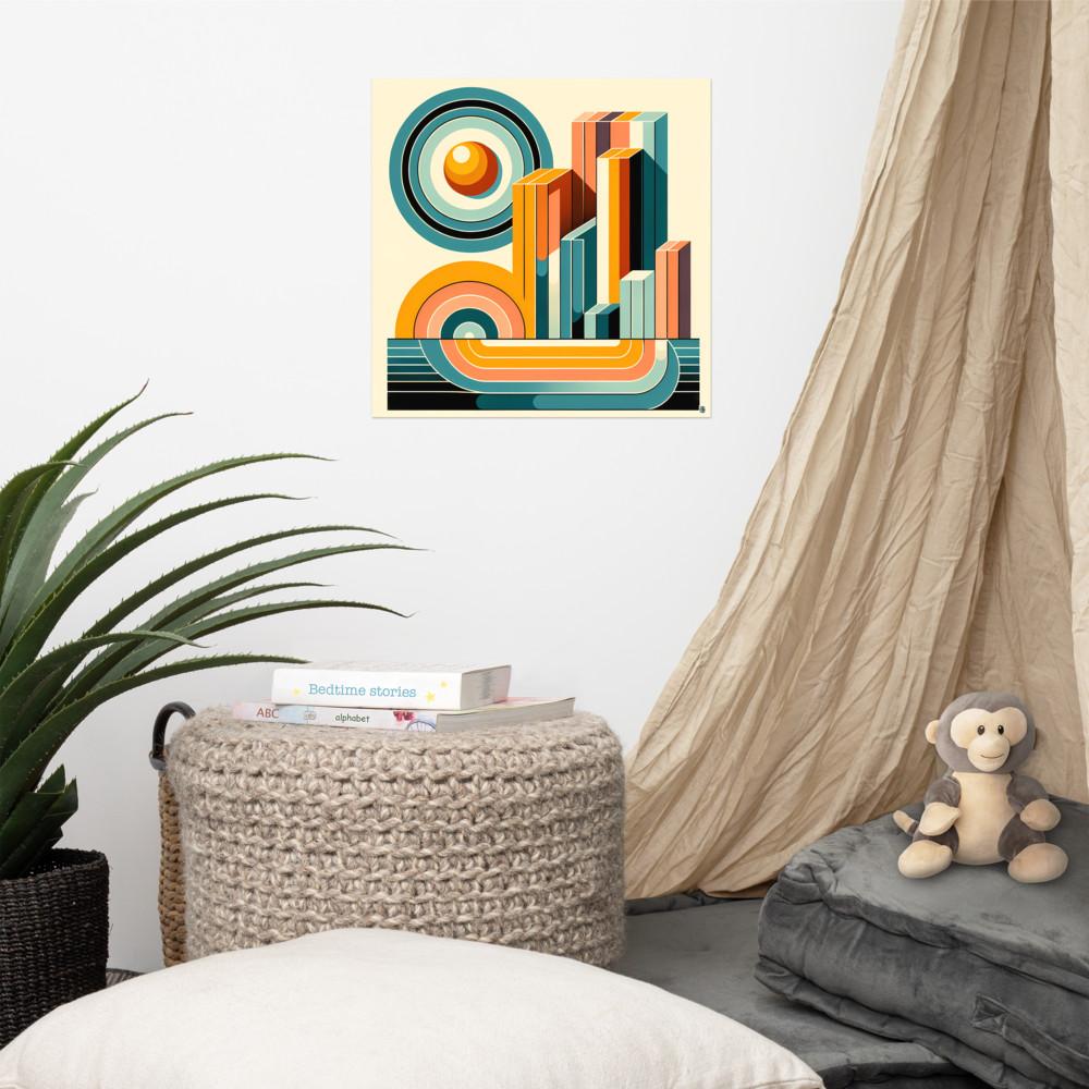 Retro Geometric Letter J in Teal and Orange — Art Print