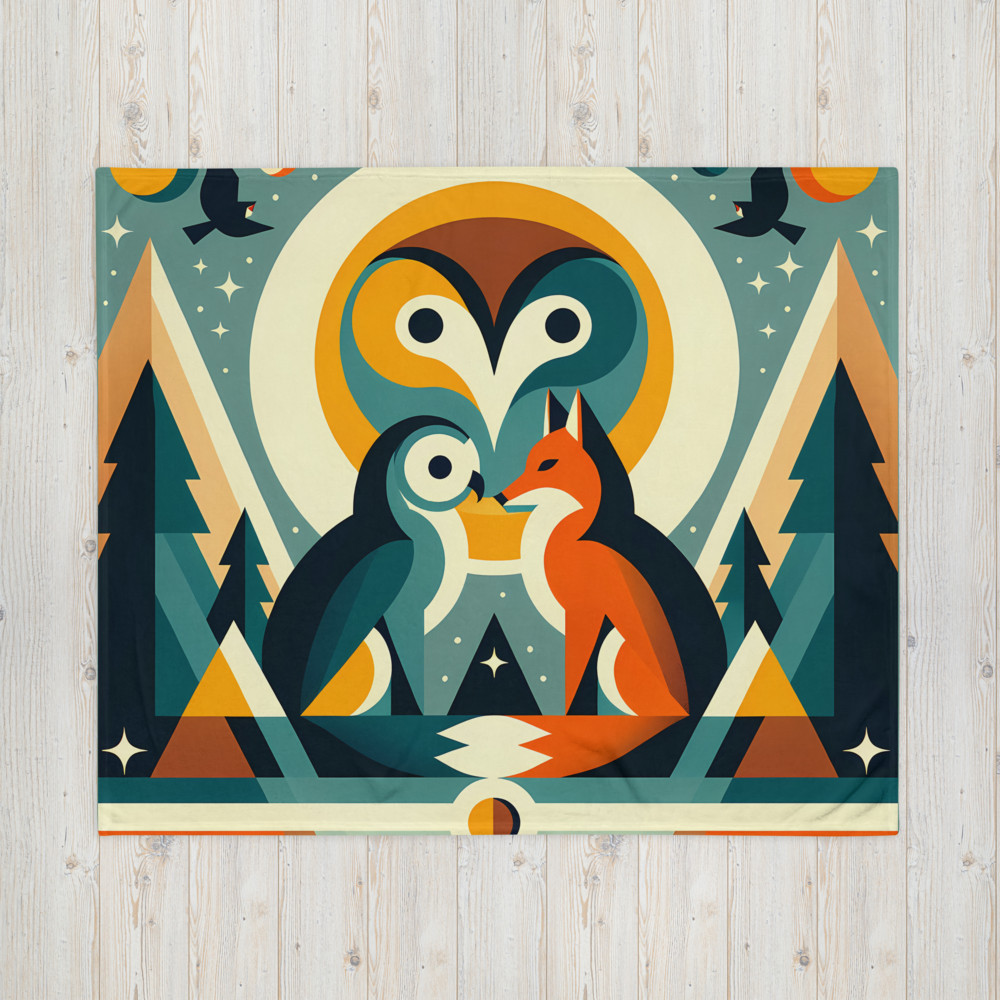 Geometric Owl and Fox Under Moon