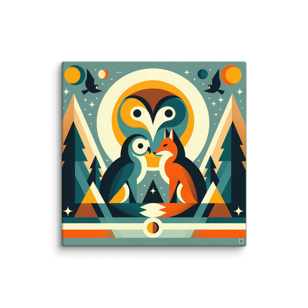 Geometric Owl and Fox Under Moon — Canvas Print