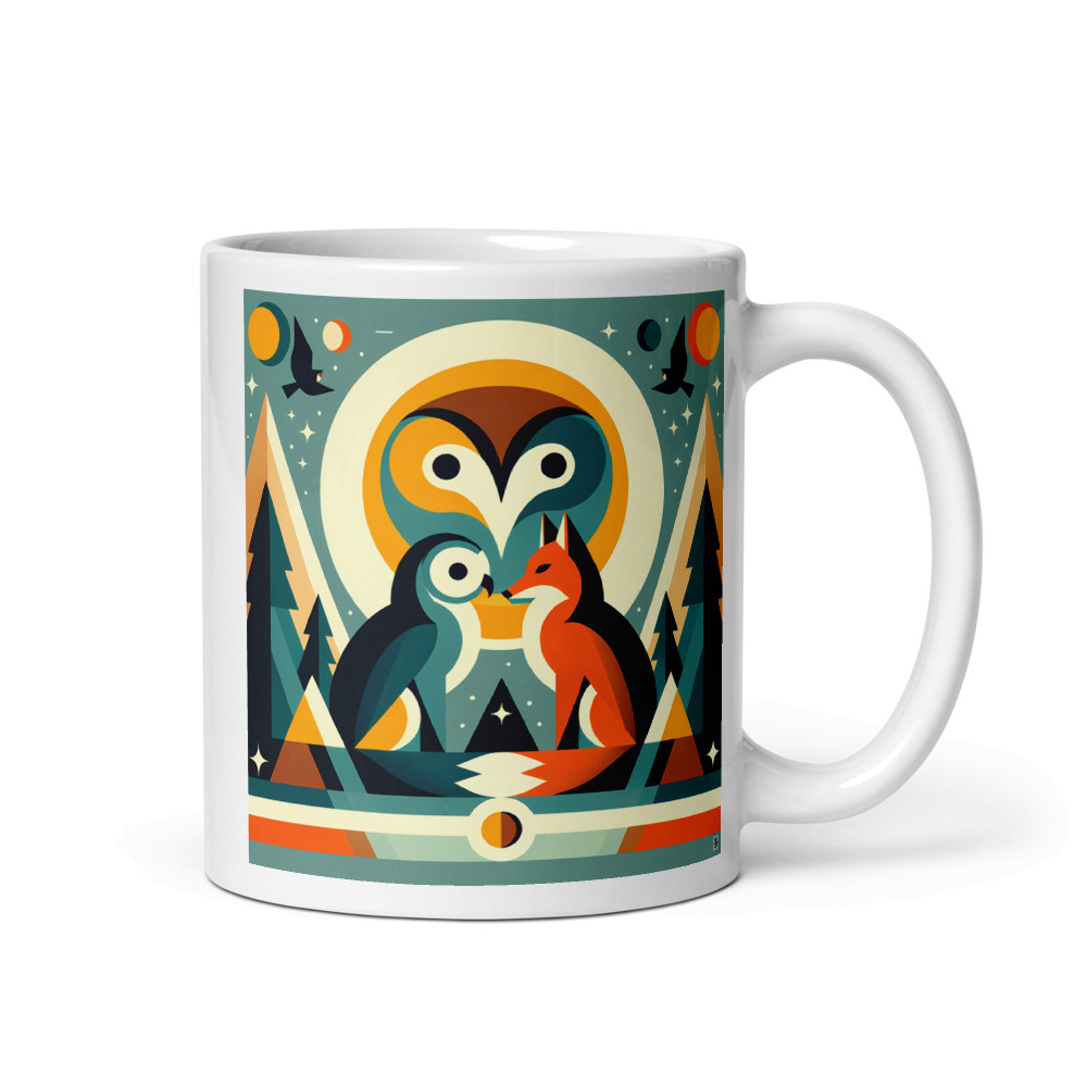 Geometric Owl and Fox Under Moon