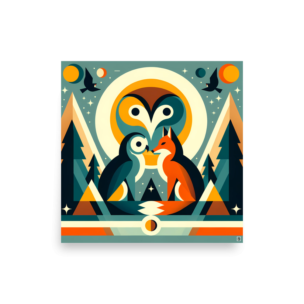 Geometric Owl and Fox Under Moon — Art Print