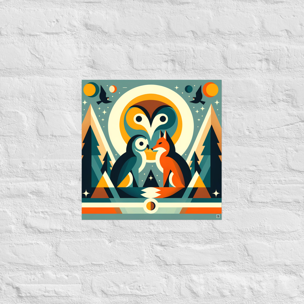 Geometric Owl and Fox Under Moon