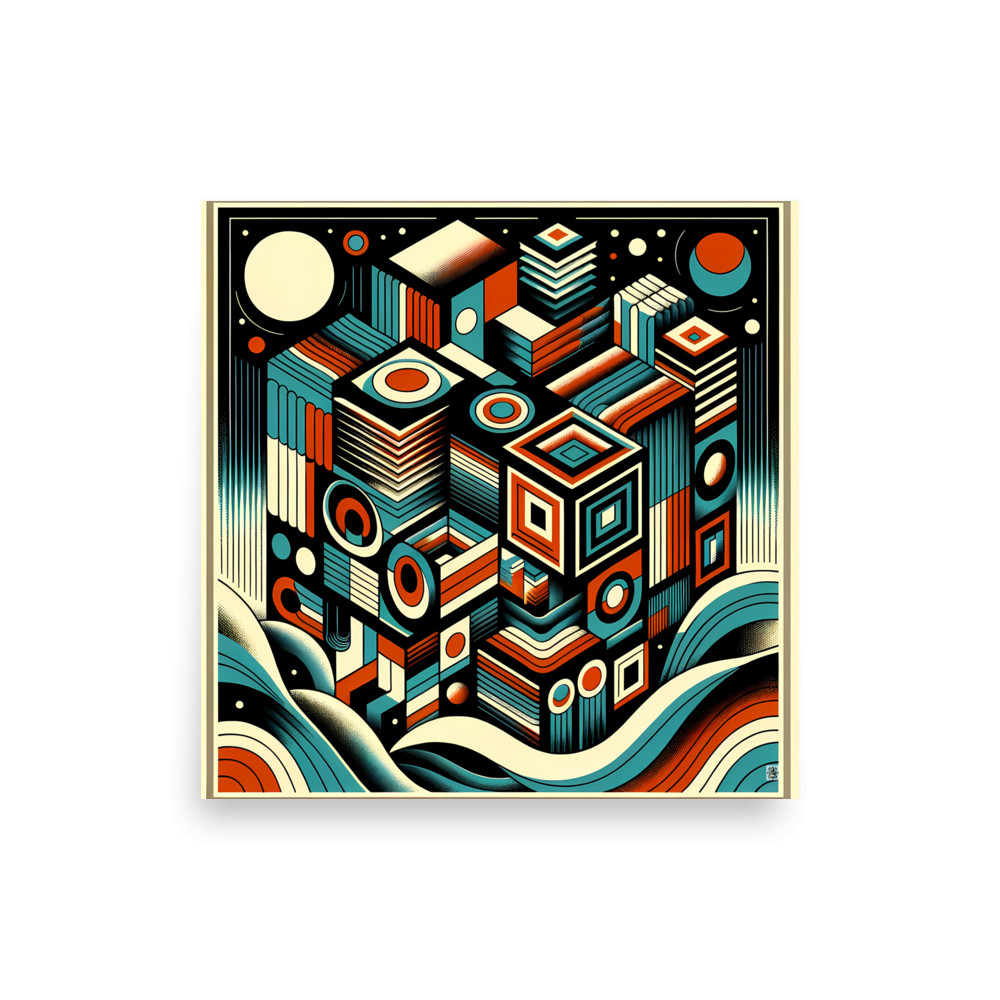 Retro Geometric Space Cubes in Teal and Orange — Art Print