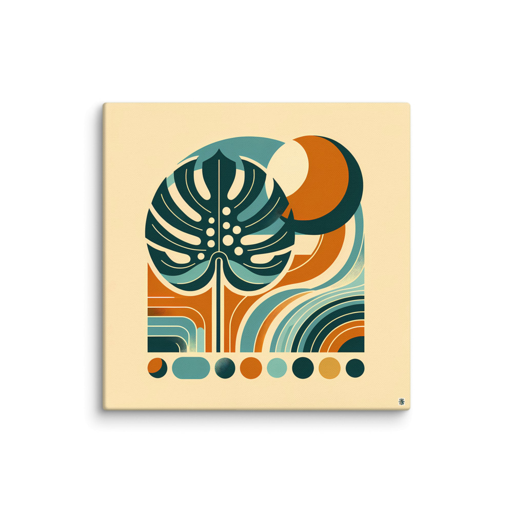 Abstract Monstera Leaf with Retro Geometric Shapes — Canvas Print