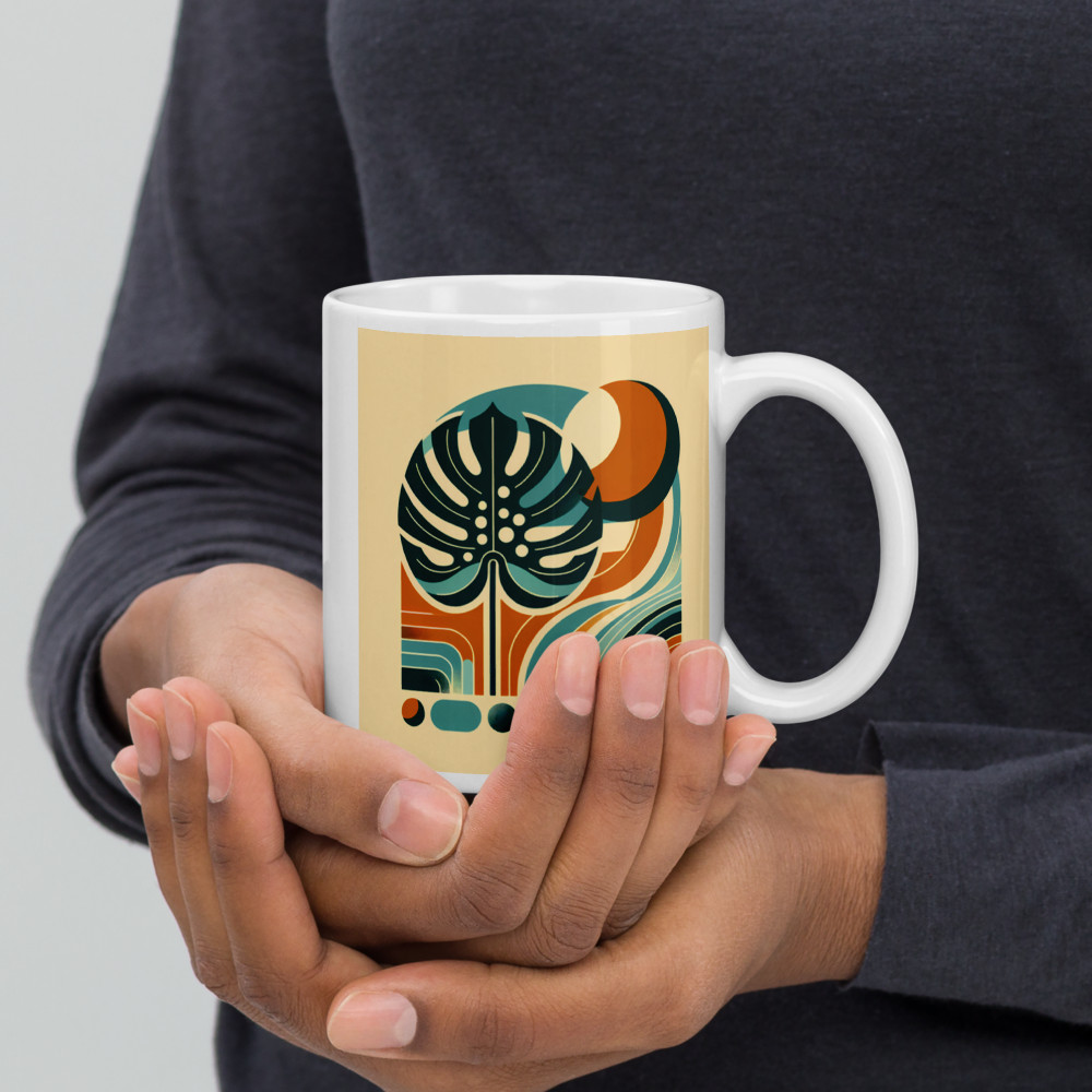Abstract Monstera Leaf with Retro Geometric Shapes