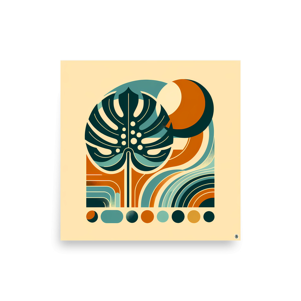 Abstract Monstera Leaf with Retro Geometric Shapes — Art Print