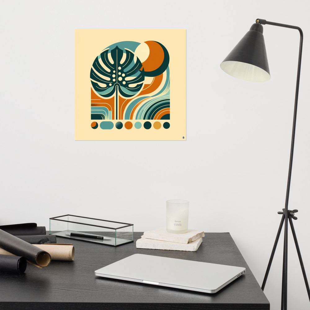 Abstract Monstera Leaf with Retro Geometric Shapes