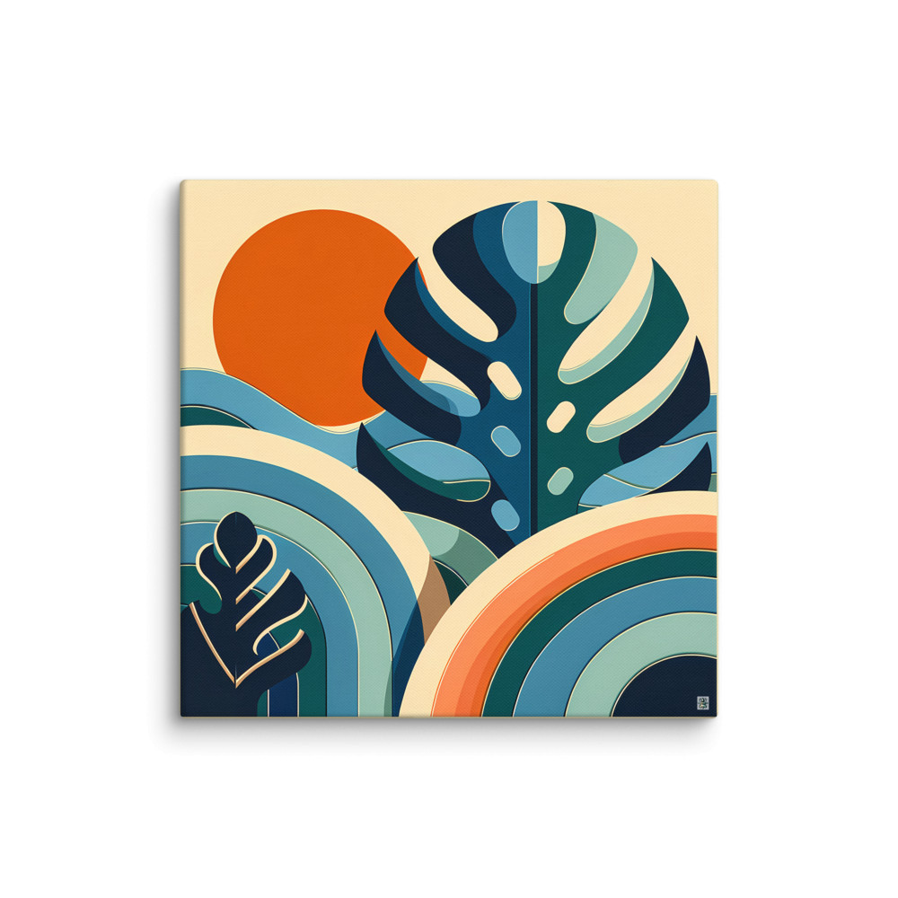 Geometric Monstera Leaves with Sunset Shapes — Canvas Print
