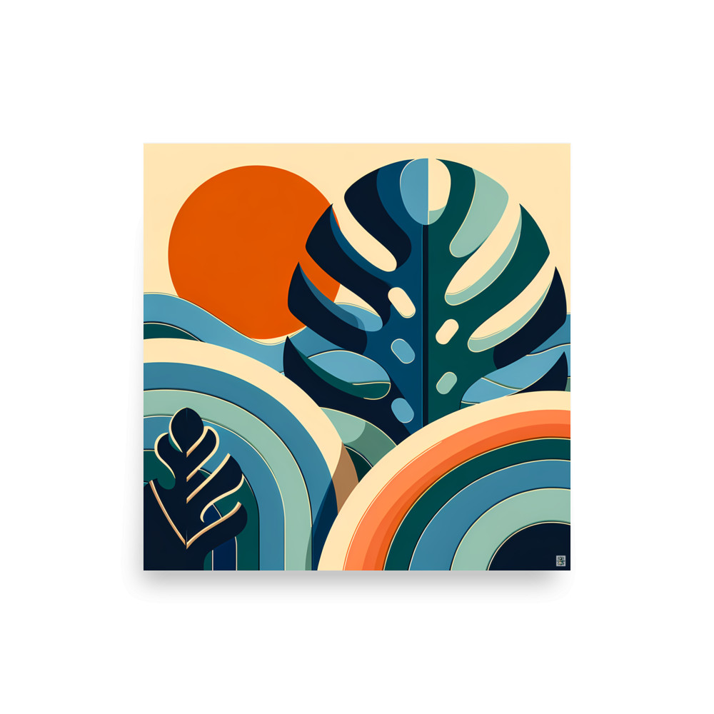 Geometric Monstera Leaves with Sunset Shapes — Art Print