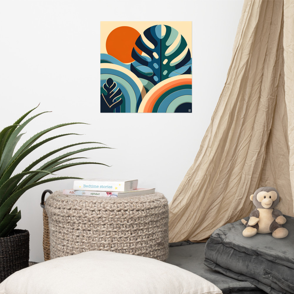 Geometric Monstera Leaves with Sunset Shapes