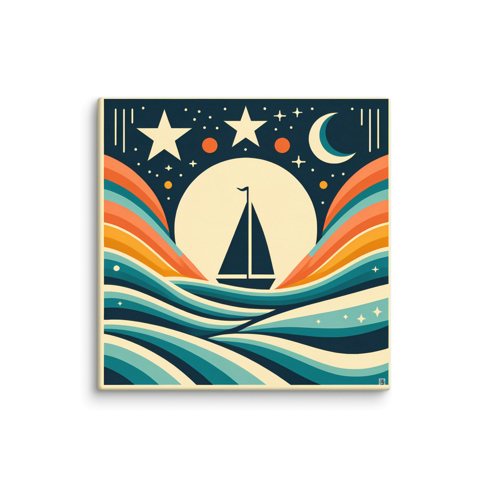 Sailboat at Night with Gradient Waves — Canvas Print