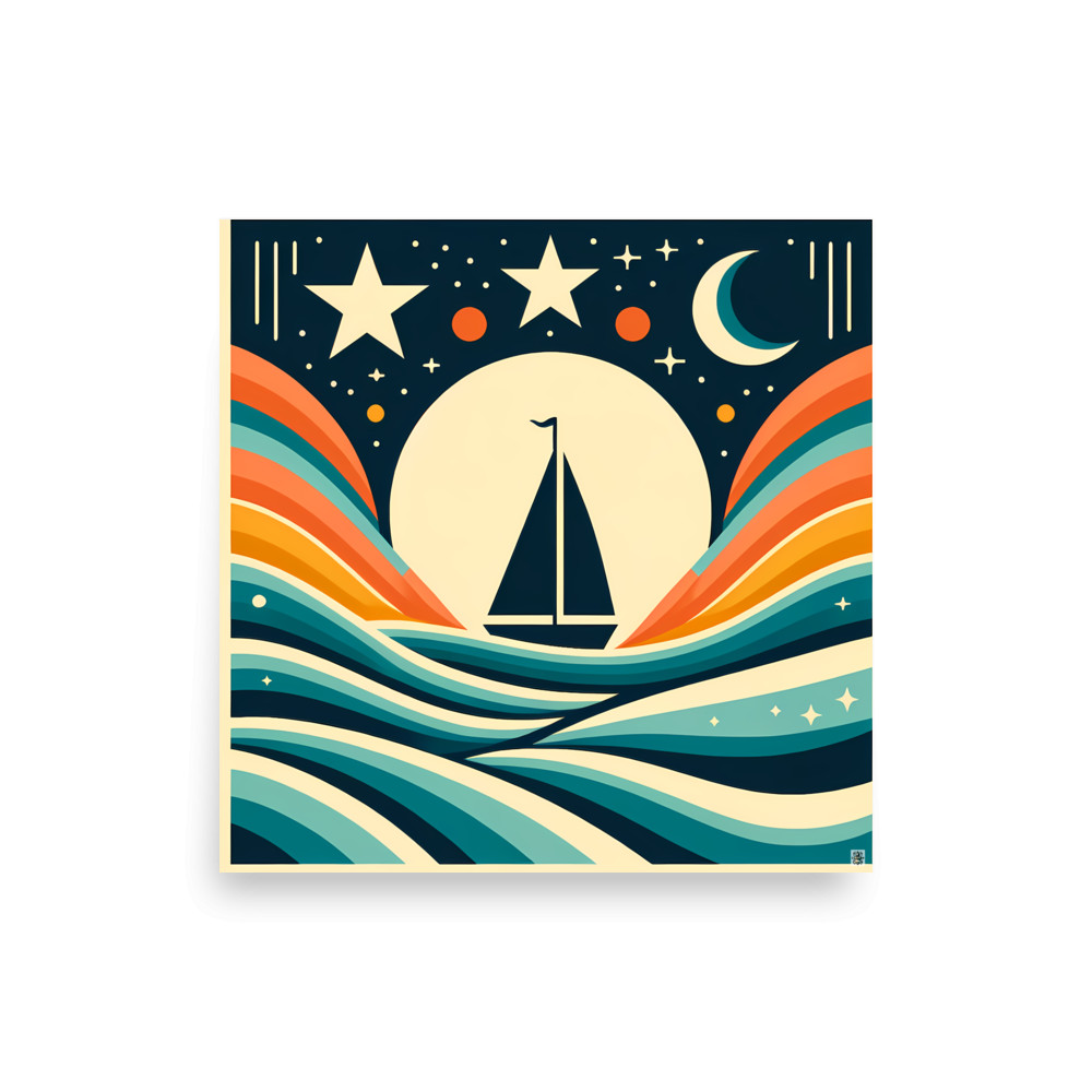 Sailboat at Night with Gradient Waves — Art Print