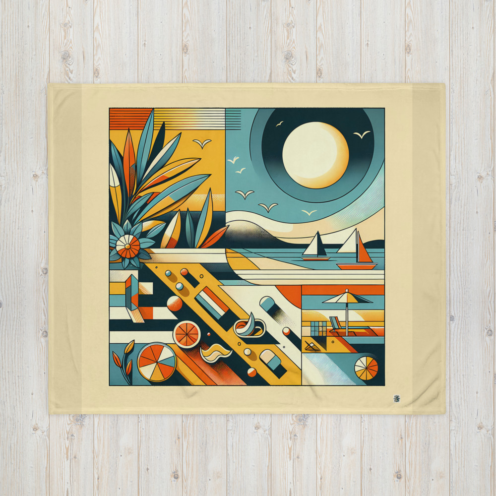 Retro Geometric Beach Sunset Sailboats Illustration