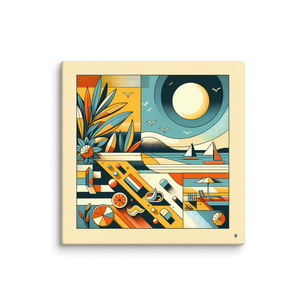Retro Geometric Beach Sunset Sailboats Illustration