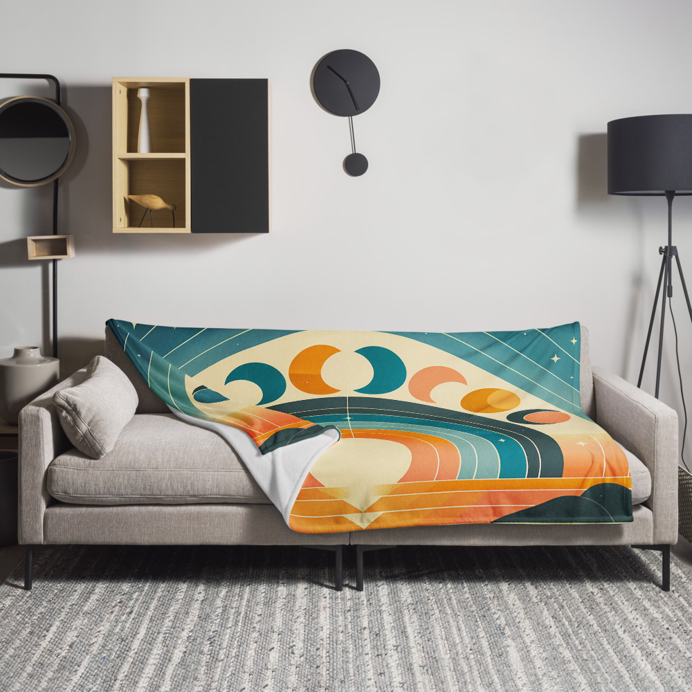Geometric Moon Phases Over Retro Sunrise