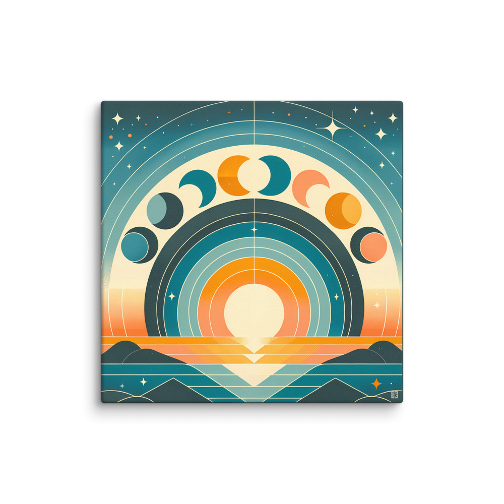 Geometric Moon Phases Over Retro Sunrise — Canvas Print