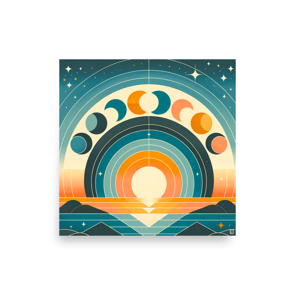 Geometric Moon Phases Over Retro Sunrise — Art Print