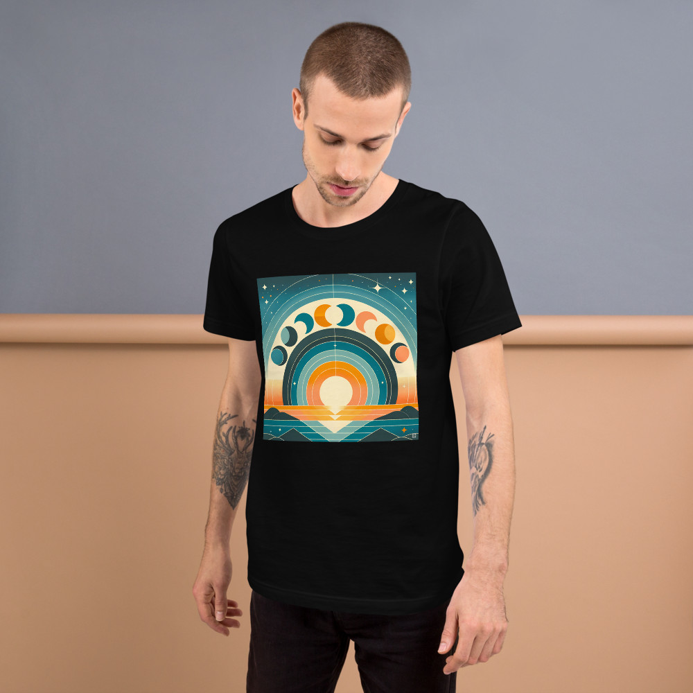 Geometric Moon Phases Over Retro Sunrise