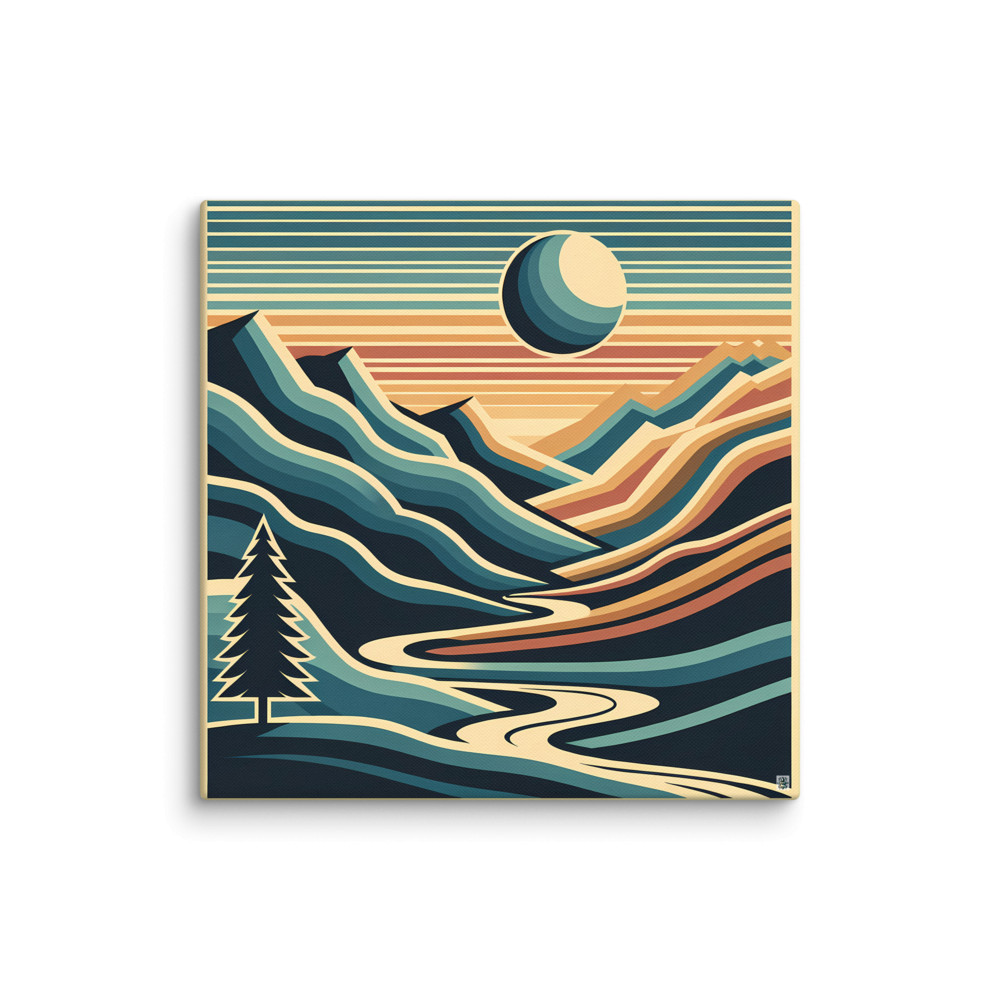 Geometric Mountain Valley with Sun and River — Canvas Print