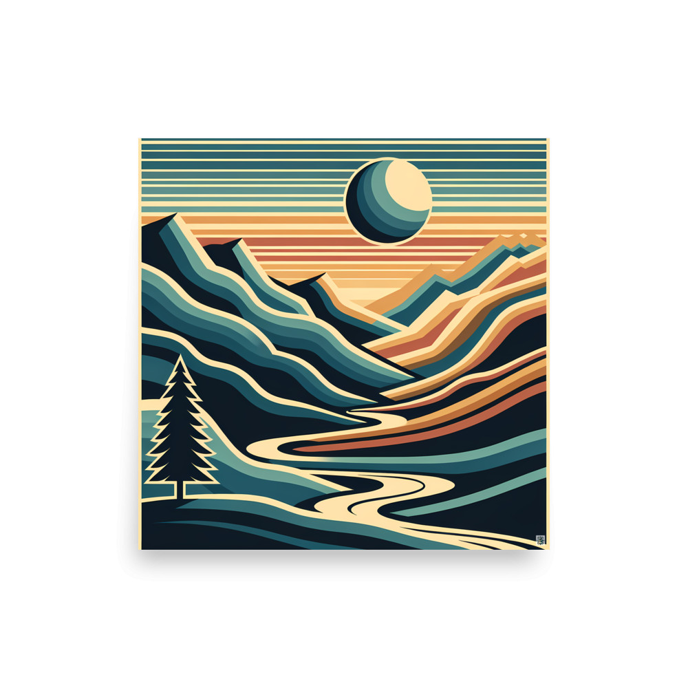 Geometric Mountain Valley with Sun and River — Art Print