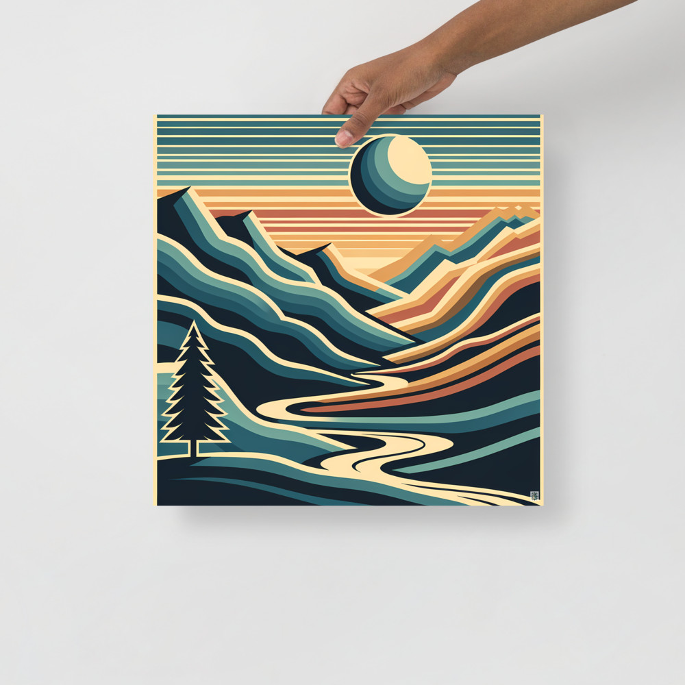 Geometric Mountain Valley with Sun and River