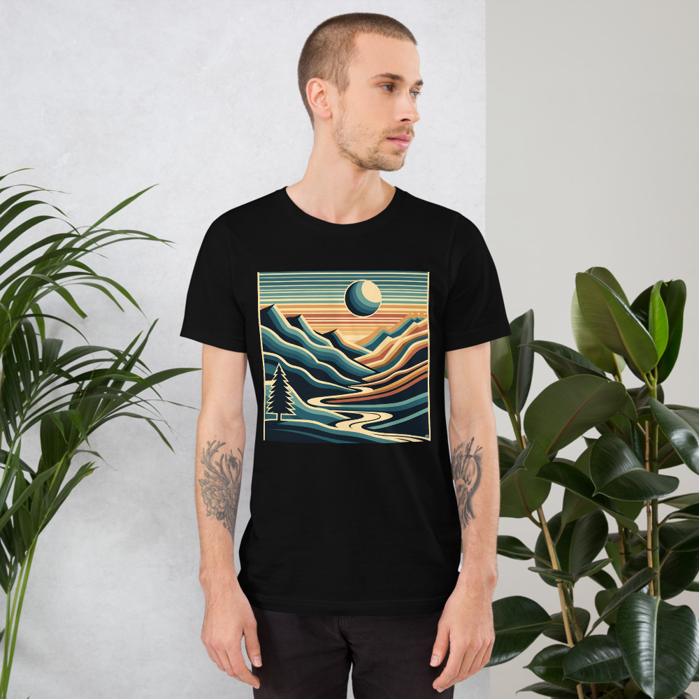 Geometric Mountain Valley with Sun and River