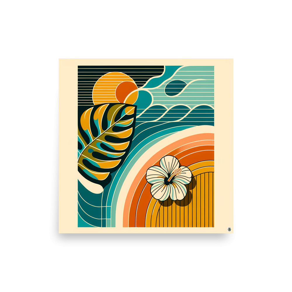 Abstract Botanical Leaf and Hibiscus Sunset — Art Print