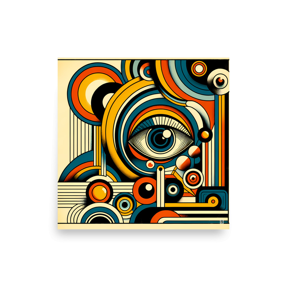 Retro Geometric Eye Abstract in Teal Orange and Gold — Art Print