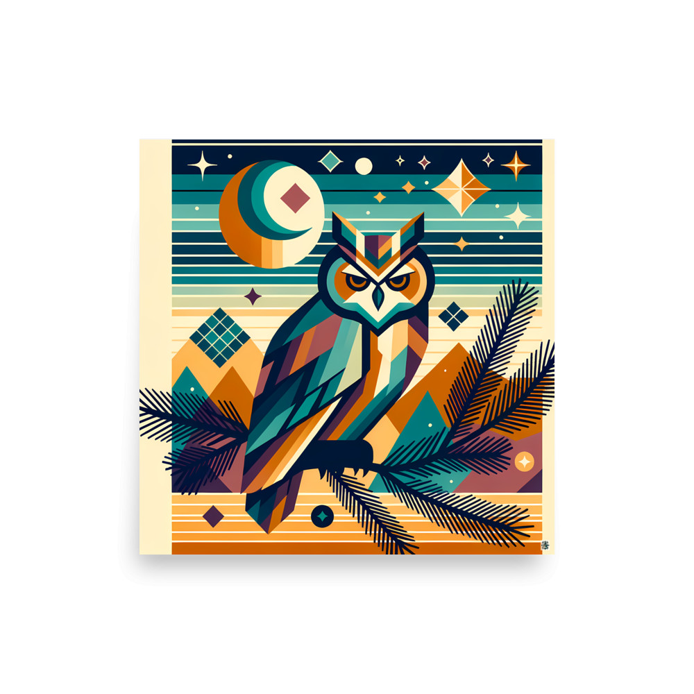 Geometric Owl Under Moon and Stars — Art Print