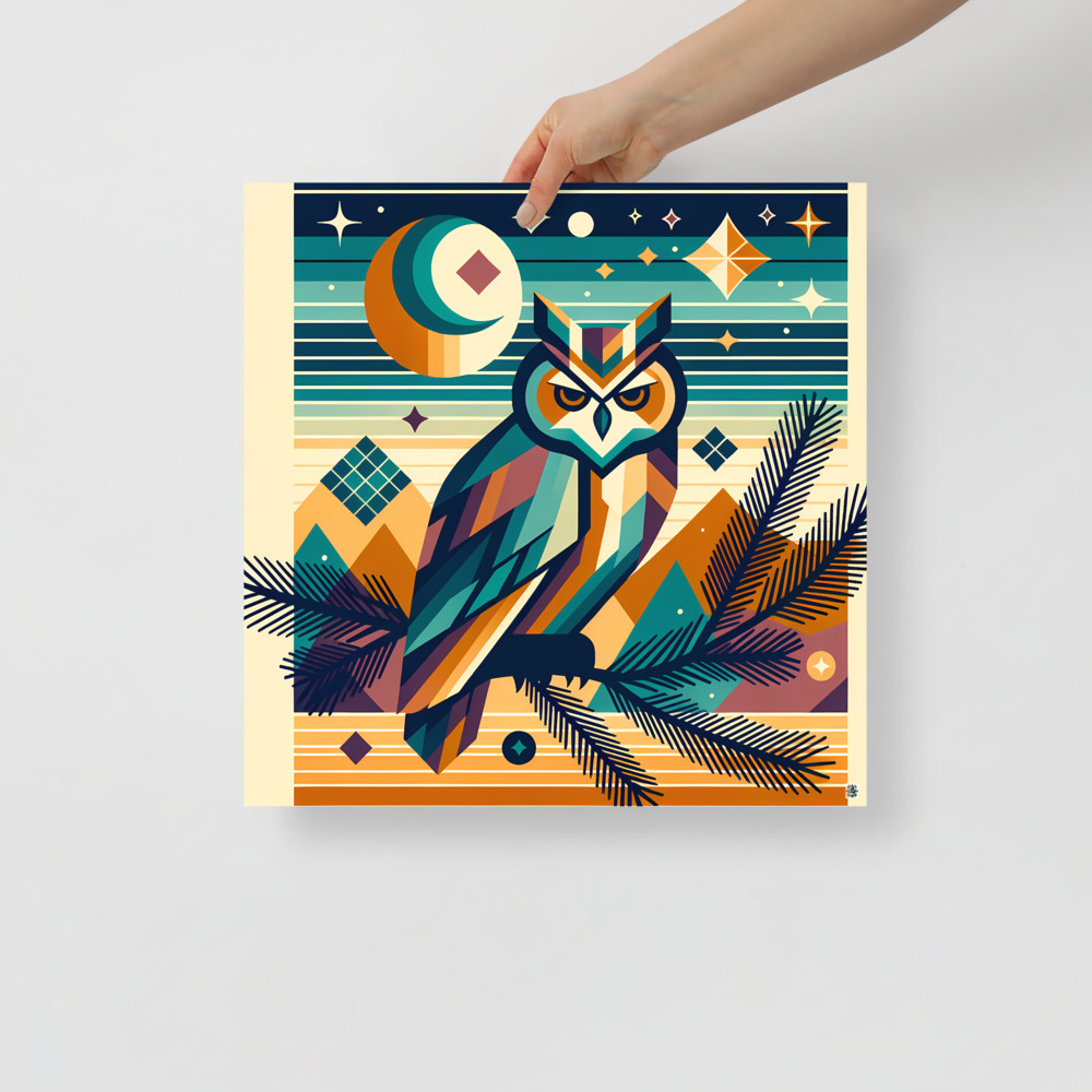 Geometric Owl Under Moon and Stars